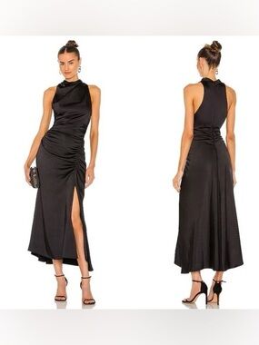 A.L.C. Inez Black Satin High-Neck Midi Dress.
